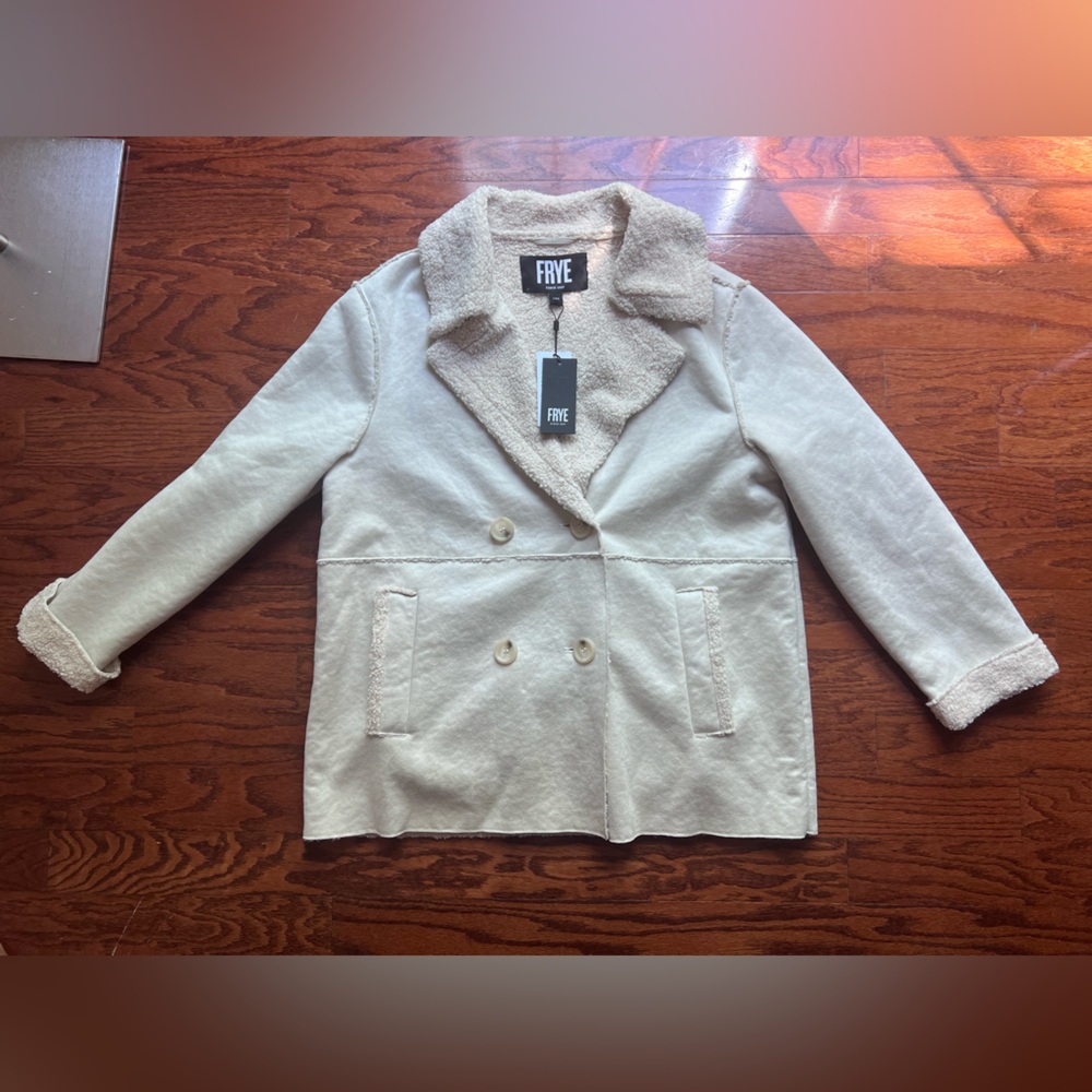 FRYE Cream Double-Breasted Shearling-Trim Pea Coat
